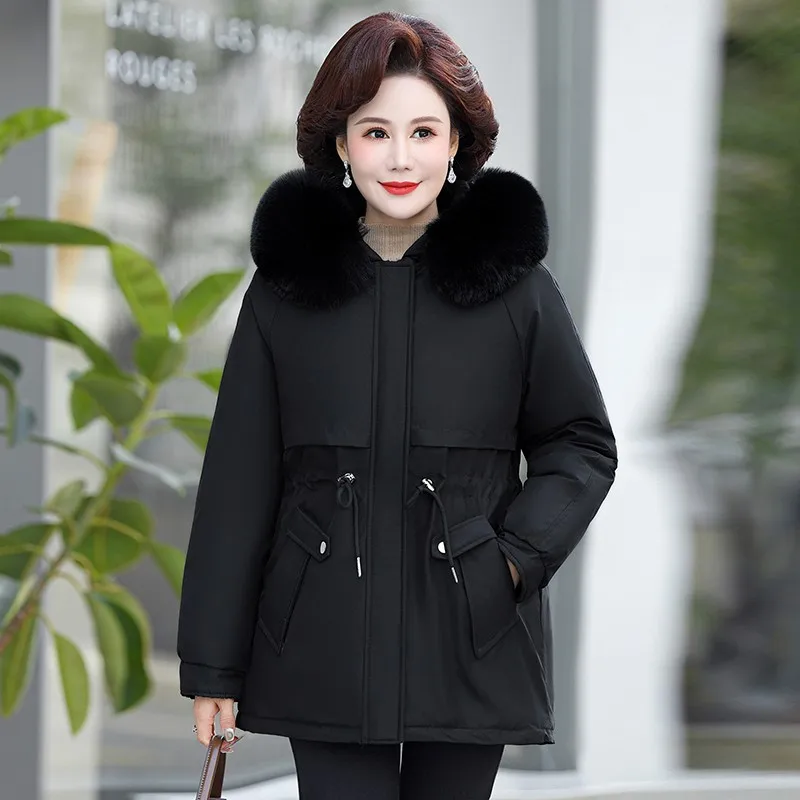 Middle Aged Elderly Mother Winter Parkas Long Hooded Cotton Warm Jacket Fashion Plush Thicken Women's Coat Large Size Overcoat