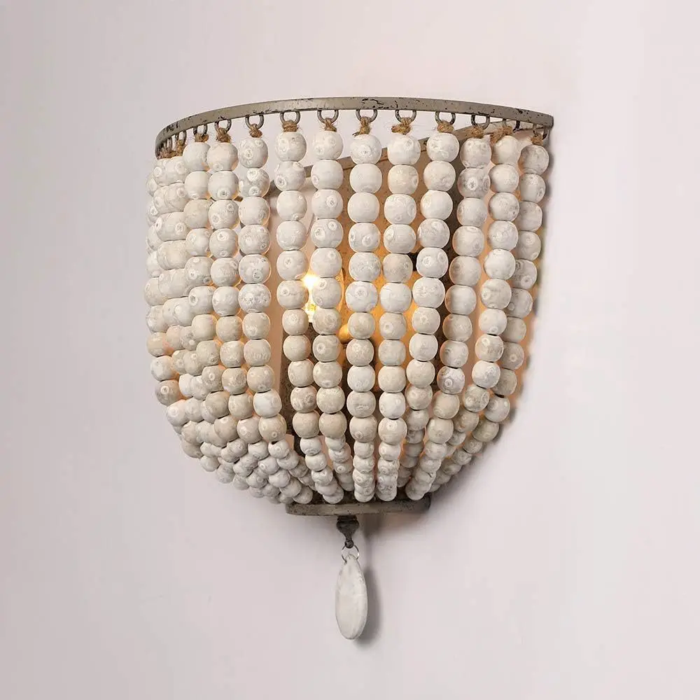 Bohemia Green Wooden Beads Wall Lamp Vintage Solid Wood Bead Wall Sconce Lighting For Living Room Bedroom Bedside Hallway