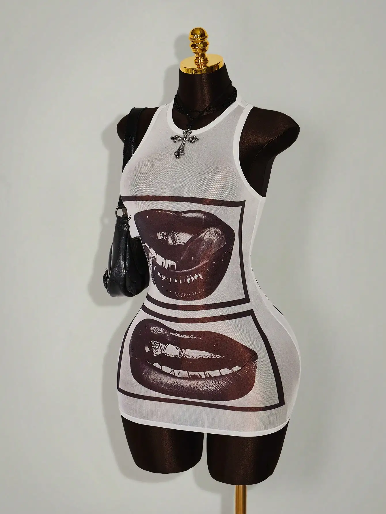 

Sheer Mesh Bodycon Mini Dress with Bold Lip Print Graphic Design