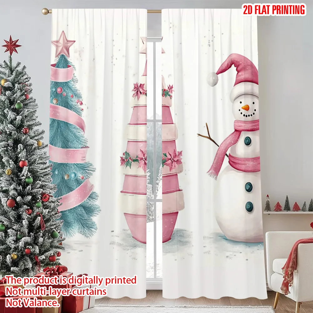 

2pcs 2D flat printing Merry Christmas Curtains Pink Christmas tree with snowman Versatile 100% Polyester Without Electricity