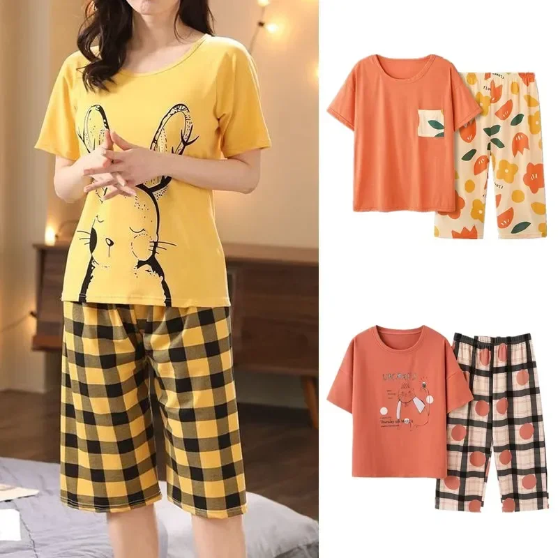 Summer Women Pajama Sets Cartoon Print Sleepwear Short Sleeve+Pants 2Pcs Suit Loungewear Casual Home Clothing Female Homewear