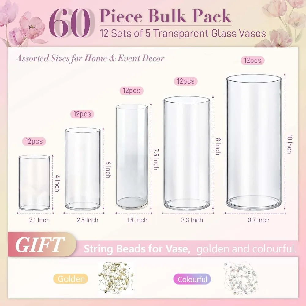 مزهريات أسطوانية من الزجاج الشفاف - 60 عبوة للقطع المركزية الأنيقة وترتيبات زهور الطاولة لديكور المنزل #2