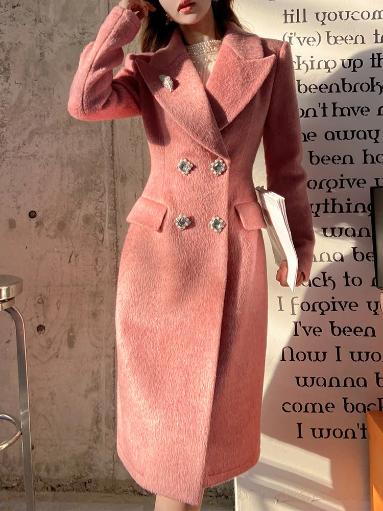 Dabuwawa Notched Double Sided Woolen Long Coat Women New Arrival Epaulet Double Breasted Jacket Elegant Outwear ACGN DM1DCO017