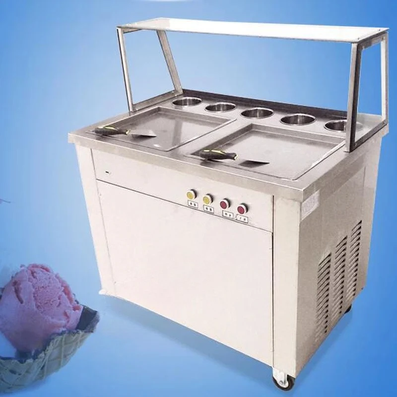 

Movable Fried Machine Double Pots Commercial Fried Cream Machine Roll Ice Cream Frying Machine Roll Cream Maker