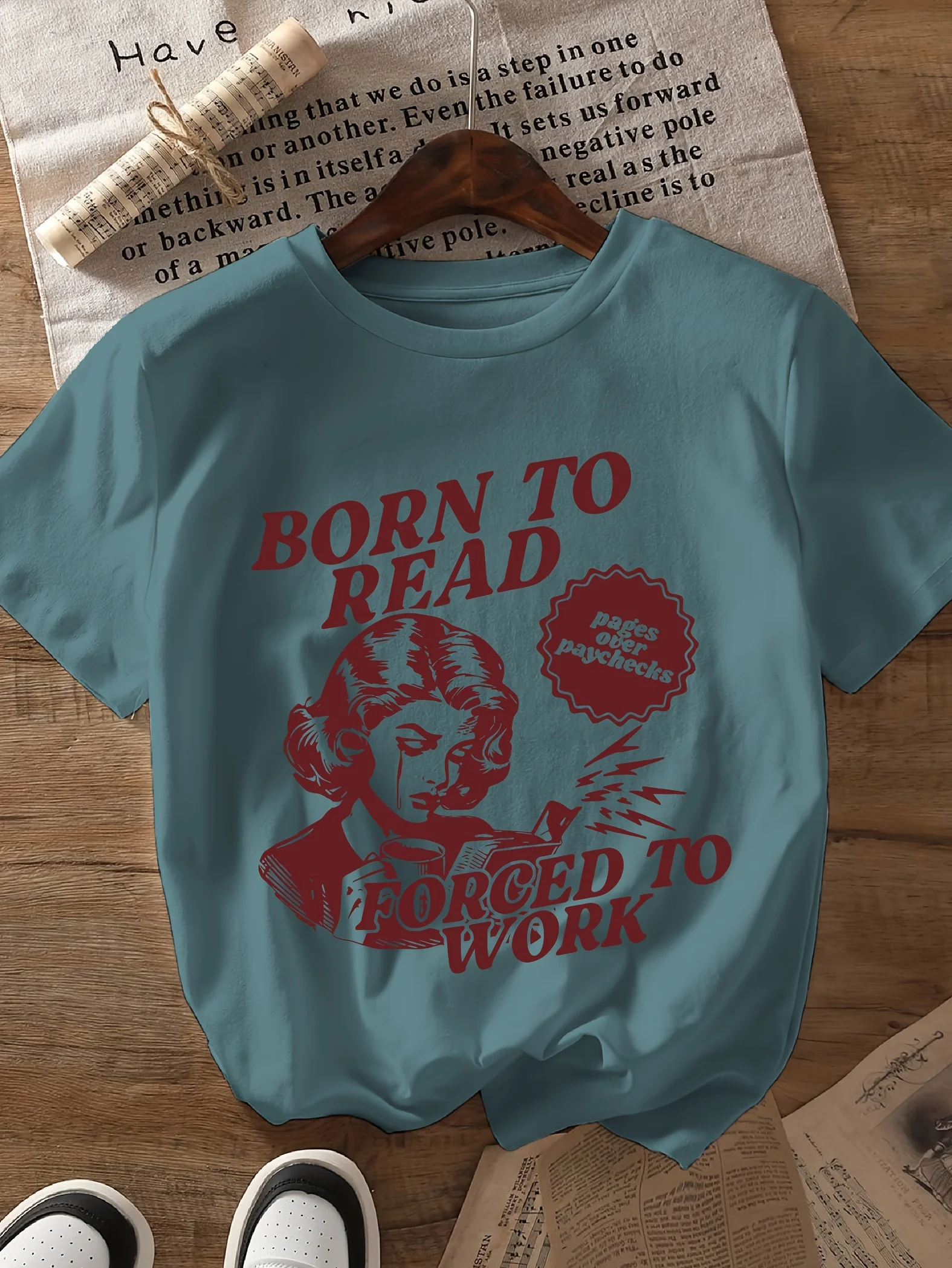 Born To Read Forced To Work Women's Tee - Funny Book Lover Graphic, Casual Teal Top