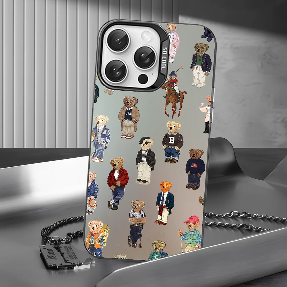 حافظة هاتف P-polo Bear لهاتف آيفون 16 15 14 13 12 11 Pro Max أبيض غير لامع ليزر معدني أورورا فوندا #4