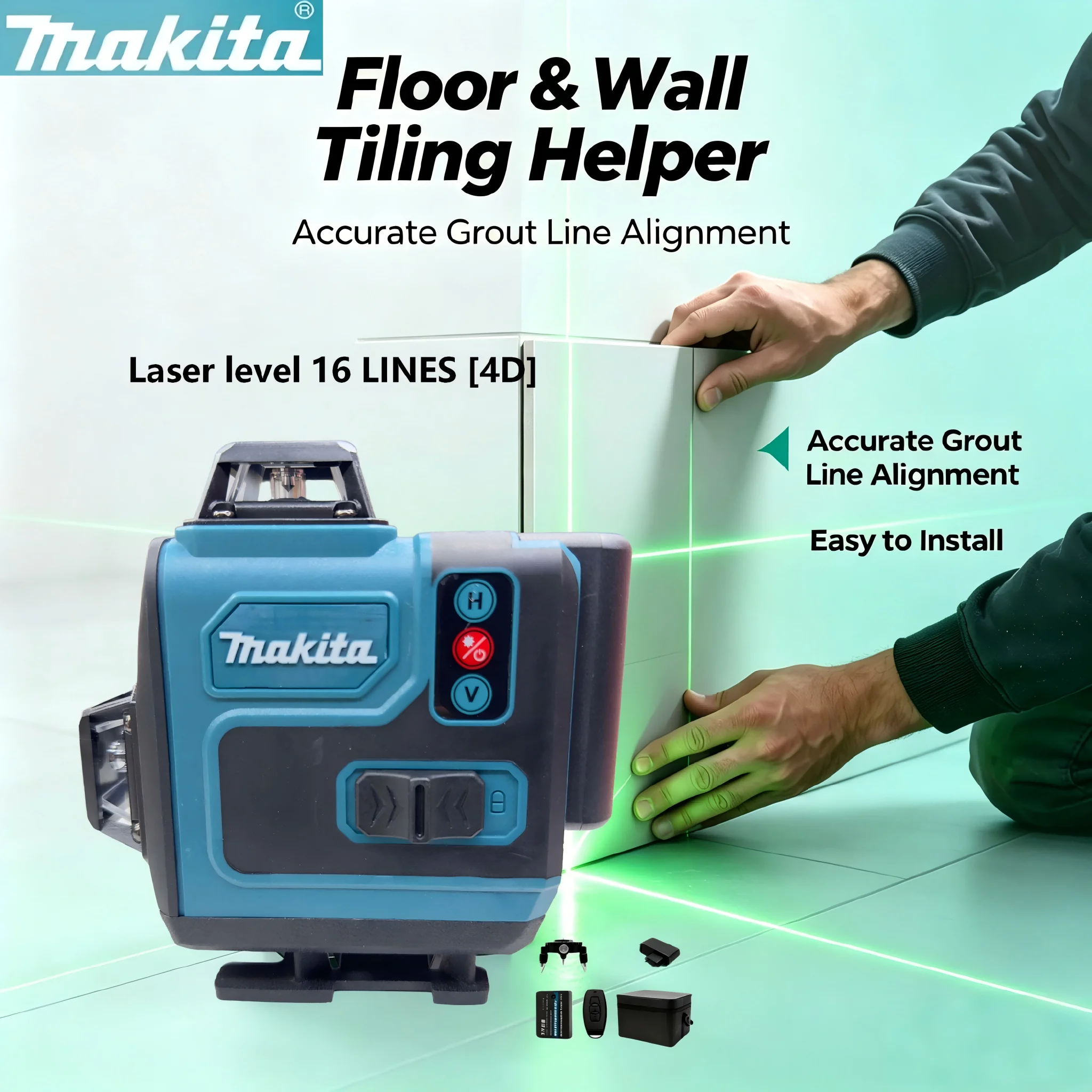 Makita 4D 16 Lines Green Laser Level 360° Auto Self-Leveling Cross Line Laser + 40V Lithium Battery for Construction Power Tool