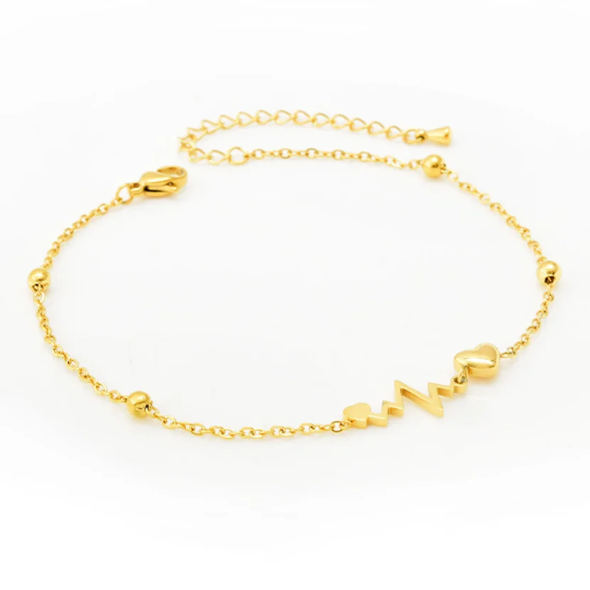 316L Stainless Steel New Fashion High-end Jewelry Beaded Love Heart Heartbeat Shape Charm Chain  Anklet For Women Tobilleras