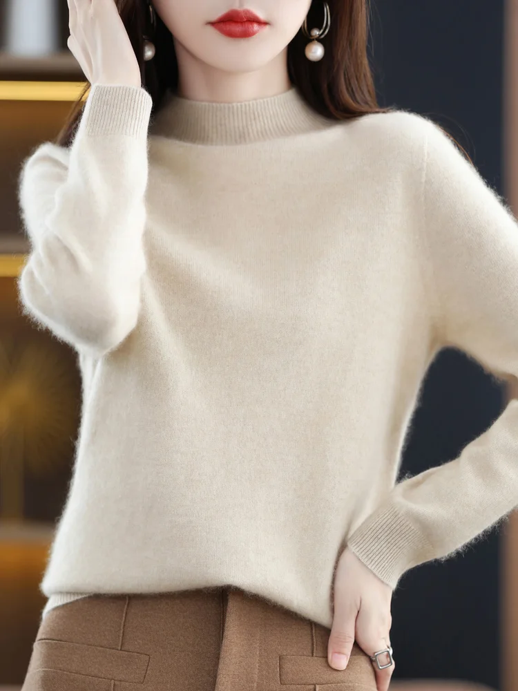 

Fashion 100% Merino Wool Sweater Cashmere Pullover Women Knitwear Mockneck Long Sleeve Autumn Winter Basic Clothing Jumper Tops