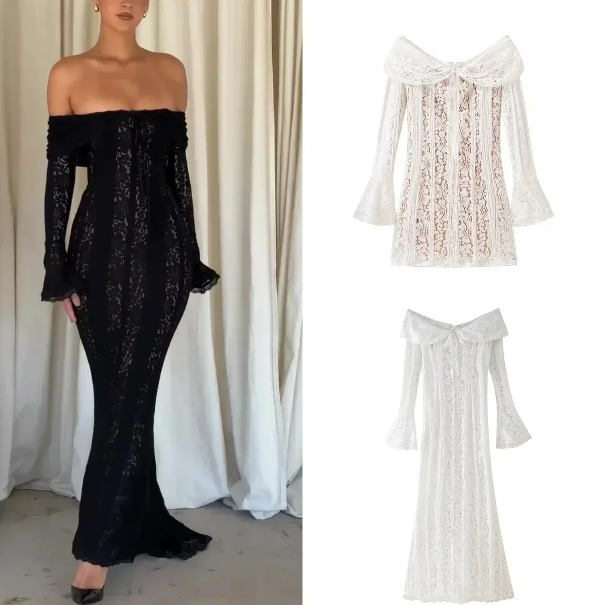 

White Off Shoulder Lace Up Flare Long Sleeve Slim Maxi Dress Women Hollow Out Mermaid Floor Length Vestidos Female Elegant Robe