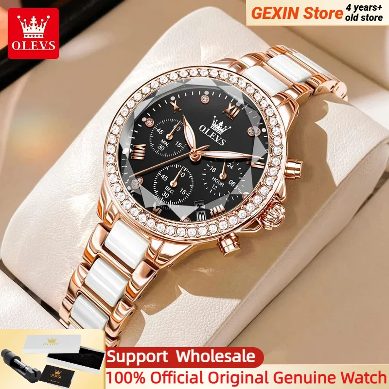 

OLEVS 9999 Кварцевые женские часы с тремя маленькими циферблатами и датой, керамический ремешок, водонепроницаемые часы с бриллиантами, элегантные наручные часы