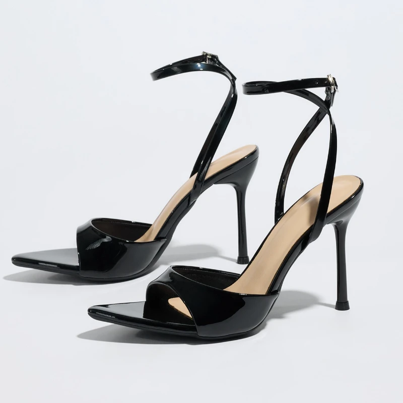 Fashion Patent Leather Single Band Sandals for Ladies Sexy Pointed Toe Metal Buckle Detail Ankle Strap High Heels Zapatos Mujer