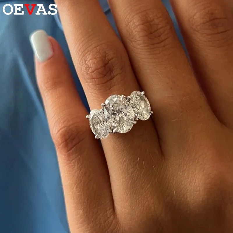 OEVAS 2/4CT Lab Grown Colombian/Zambian Emerald Ring for Women S925 Silver Oval Three Stones Moissanite Wedding Band Jewelry