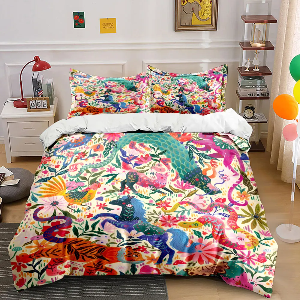 3-teiliges Bettwäsche-Set mit Volkskunst-Motiven von Drachen, Tiger und Dschungeltieren, Boho-Blumenmuster, Ethno-Druck, Bettbezug mit 2 Kissenbezügen, King-Size, Queen-Size, Geschenk