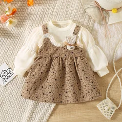 Baby Girl Dress Spring And Autumn Girl Clothes Cute Flower Girl Princess Dress Fake Two Rabbit Ears Girl Long Sleeve Dress