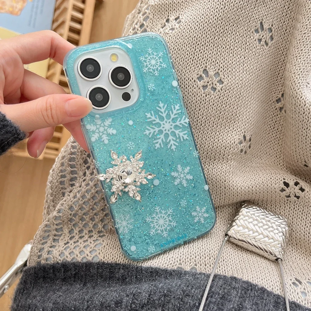 Simplicity Blue Glitter Transparent Rotate Snowflake Rhinestone Cover Case for iPhone 16 15 14 13 12 Pro Max Phone Case