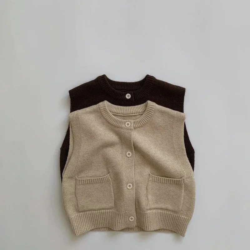 

Children's Coat Autumn Children's Minimalist Pocket Sweater Kids Boys Girls Solid Color Cardigan Round Neck Vest Knitted Sweater