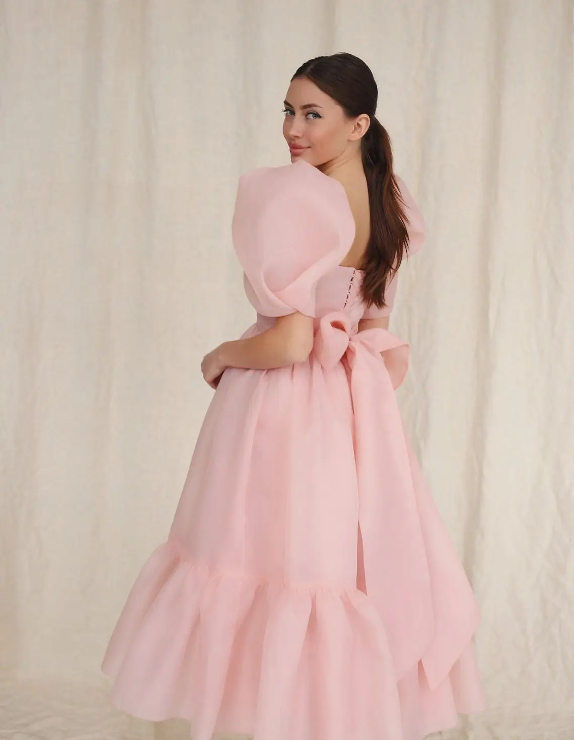 Pink Prom Dresses Organza Tea Length Puffy Short Sleeves Sqaure Neck A Line Simple Evening Engagement Party Gowns Occasion