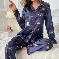 Womens Pajamas Pj Set Flower Print Satin Long Sleeve Lapel Sleepwear Pajama Pants Home Clothes Nightwear Pyjama Femme Lounge Set