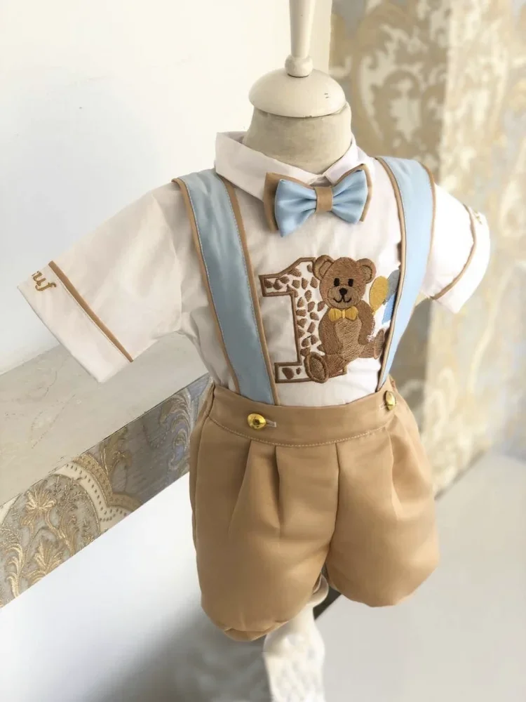 Baby Boy Spring Summer Bear Embroidery Vintage Blue Set for Eid Causal Birthday Photography