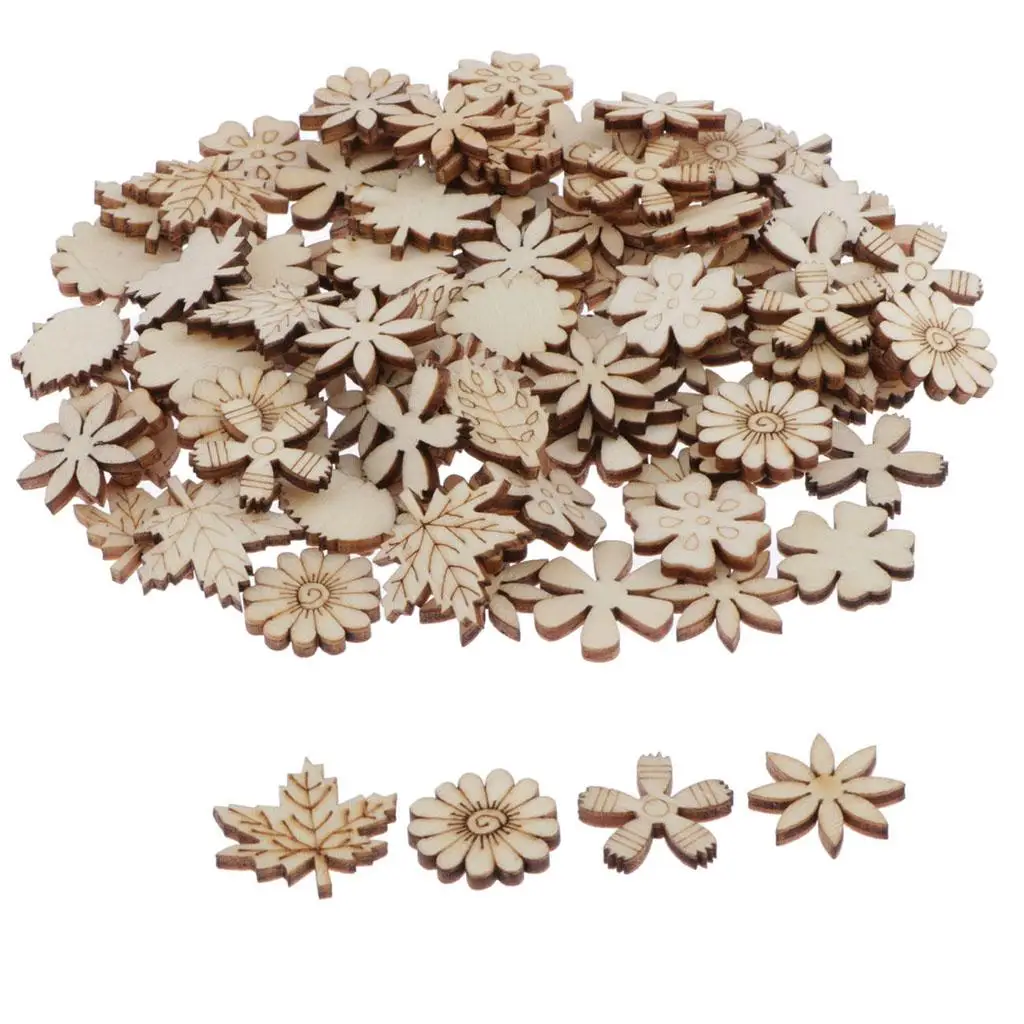 100Pcs Flower and Leaf Shapes Blank Embellishments Wood Birds Slices for Wedding, Valentine, DIY, Arts, Crafts, Card Making