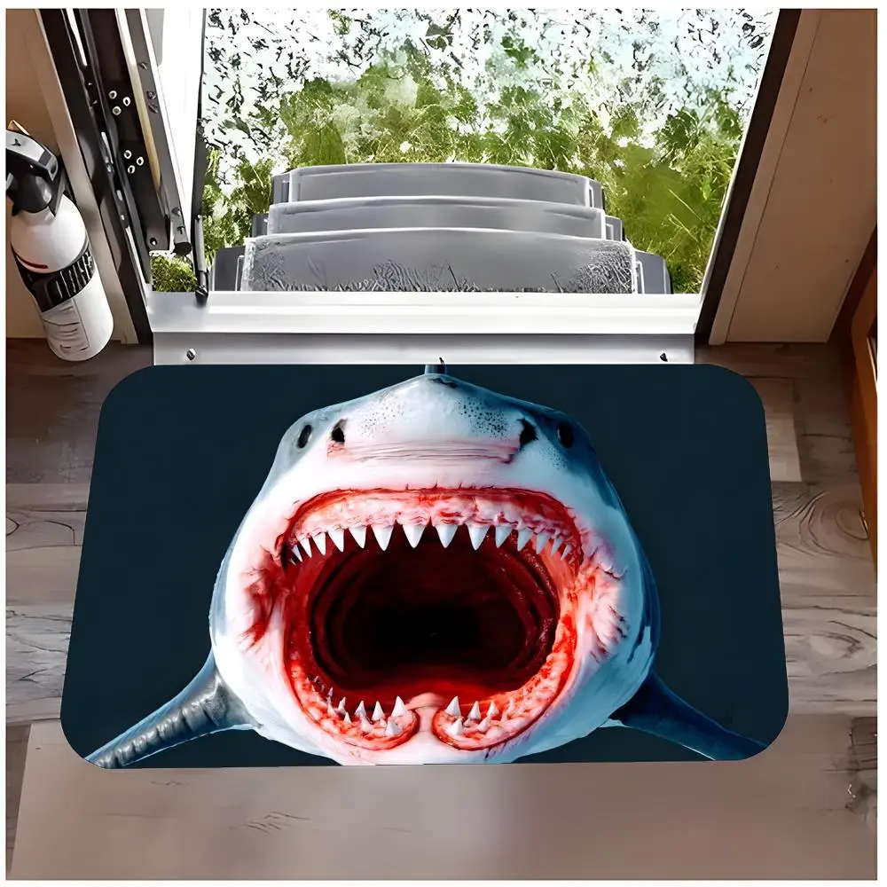 Art Visual D-3D Shark Floor Mat Non Slip Washable Flannel Doormat Water Absorbent Indoor Floor Carpet Rug