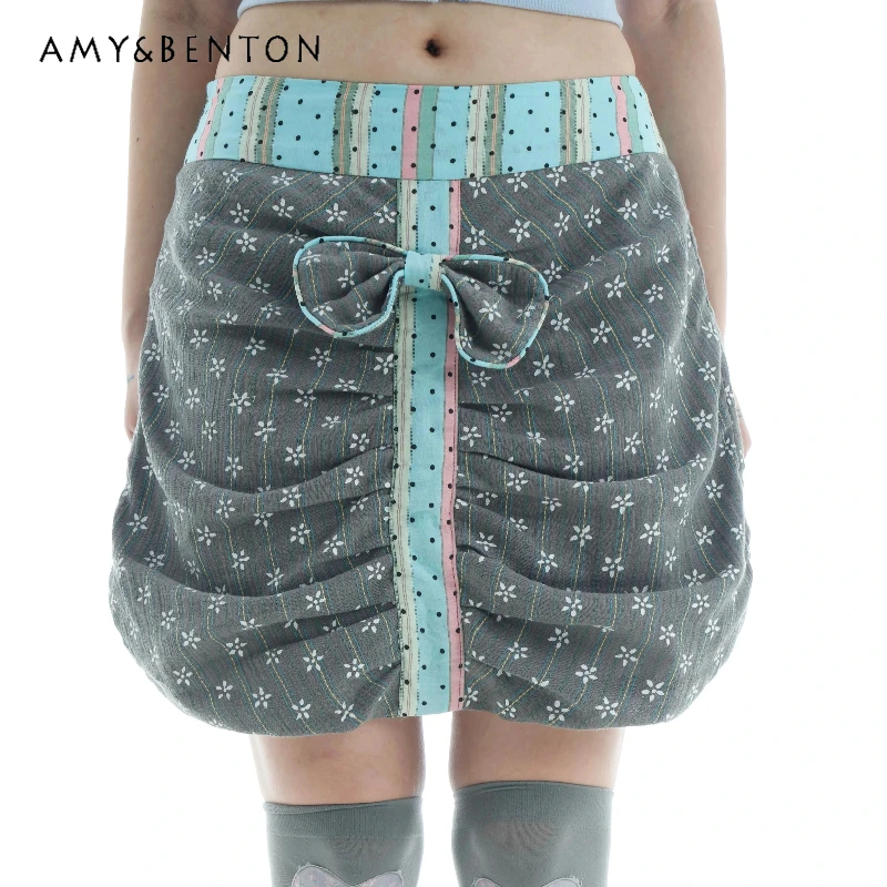 

Vintage Blue Gray Polka Dot Splicing Bow Ruched Women's Skirt 2025 Autumn New Sweet Versatile Personality Short Skirt Ladies