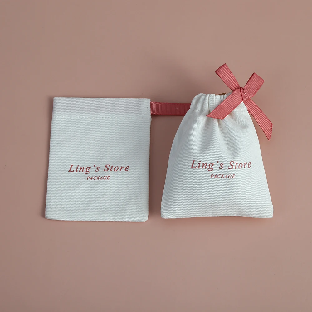 50 Personalized Logo Print Cotton Drawstring Gift Bags Jewelry Packaging Pouches Wedding Favor Premium Small Canvas Candy Bag