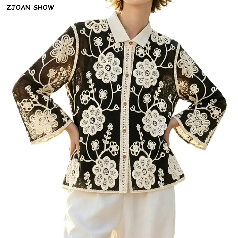 BOHO Women Black Spliced Beige Crochet Hollow Out Hole Lapel Collar Shirt Single-breasted Button Long Sleeve Blouses Sunscreen