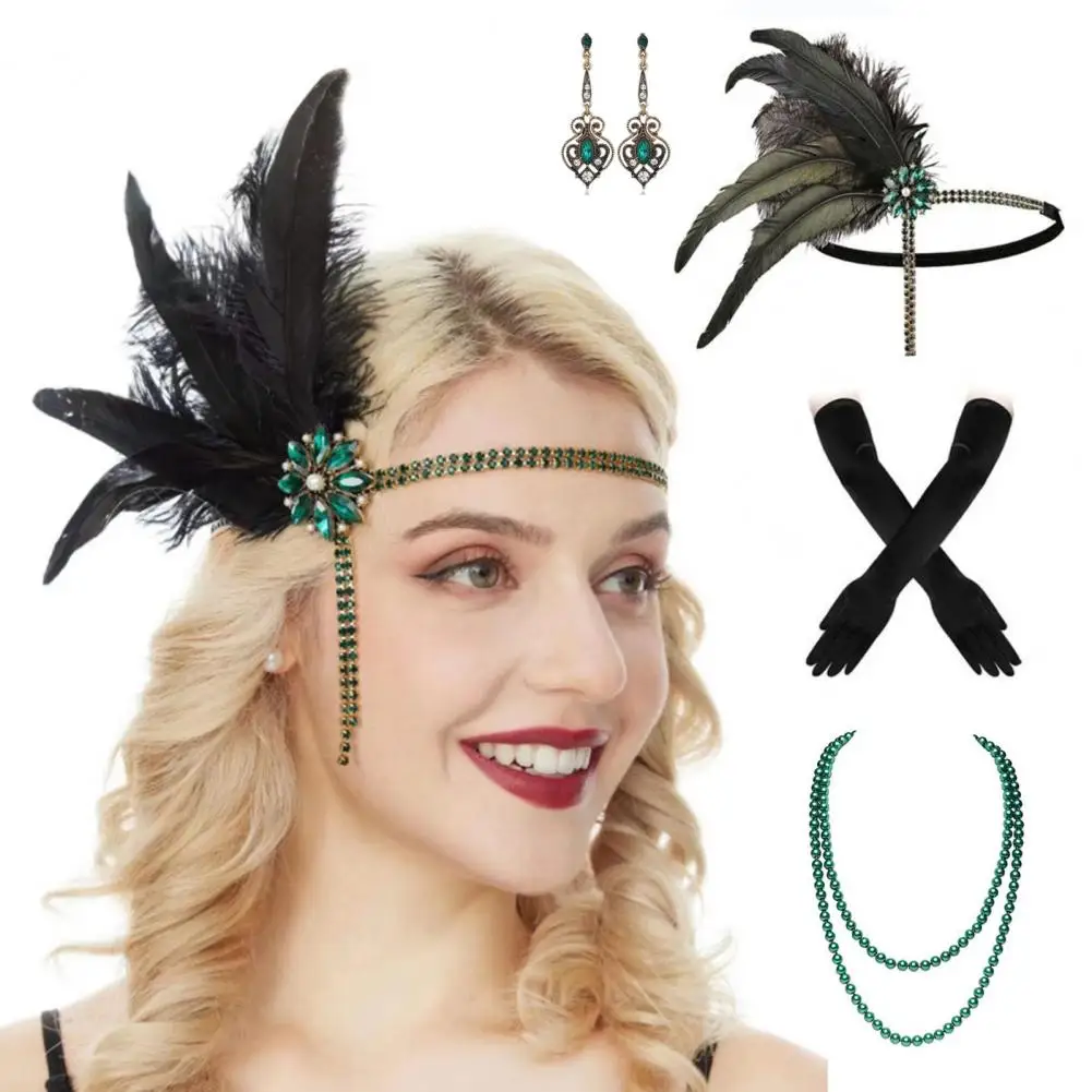 Hot！ 1920s Jewelry Set Headband Gloves Earrings Set Sparkling Earrings Headwear with Sequins Beads Role-Playing Accessories