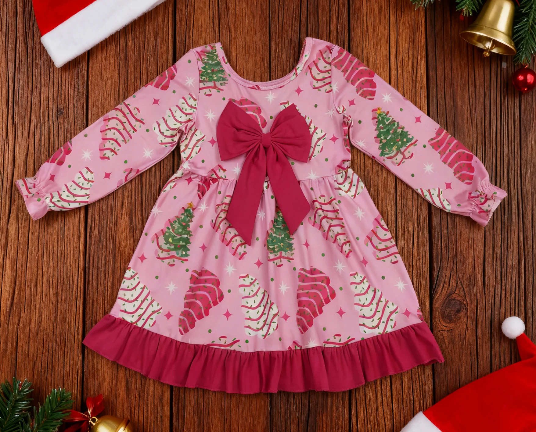 

Z1008-11 GLD1276 Kids Girls Clothes Long Sleeve Tree Print Baby Christmas Dress