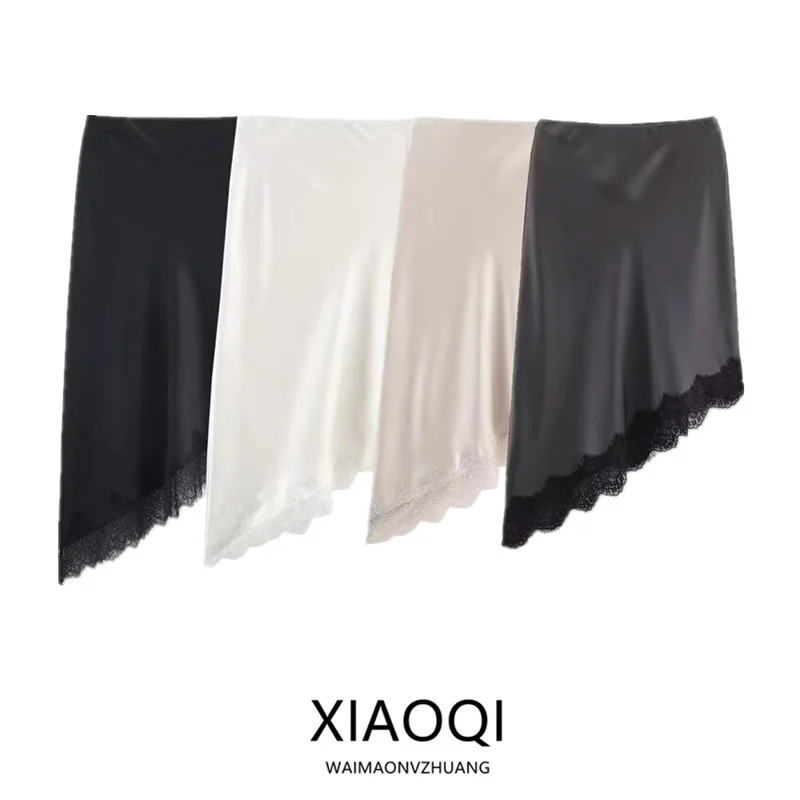 

Winter 2025 Mid-Waist Silk Satin f Skirt with Lace Detailing Women's Faion Ci Commute Loose Fit Asymmetrical Skirt