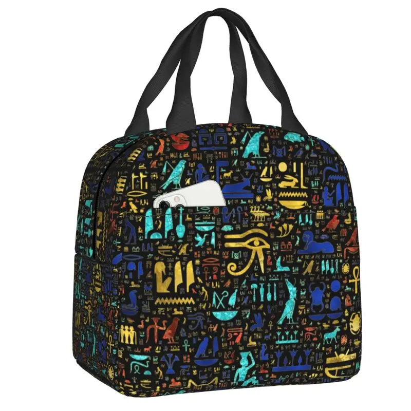 Ancient Egyptian Hieroglyphs Insulated Lunch Tote Bag for Egypt Symbol Resuable Cooler Thermal Food Lunch Box Kids School