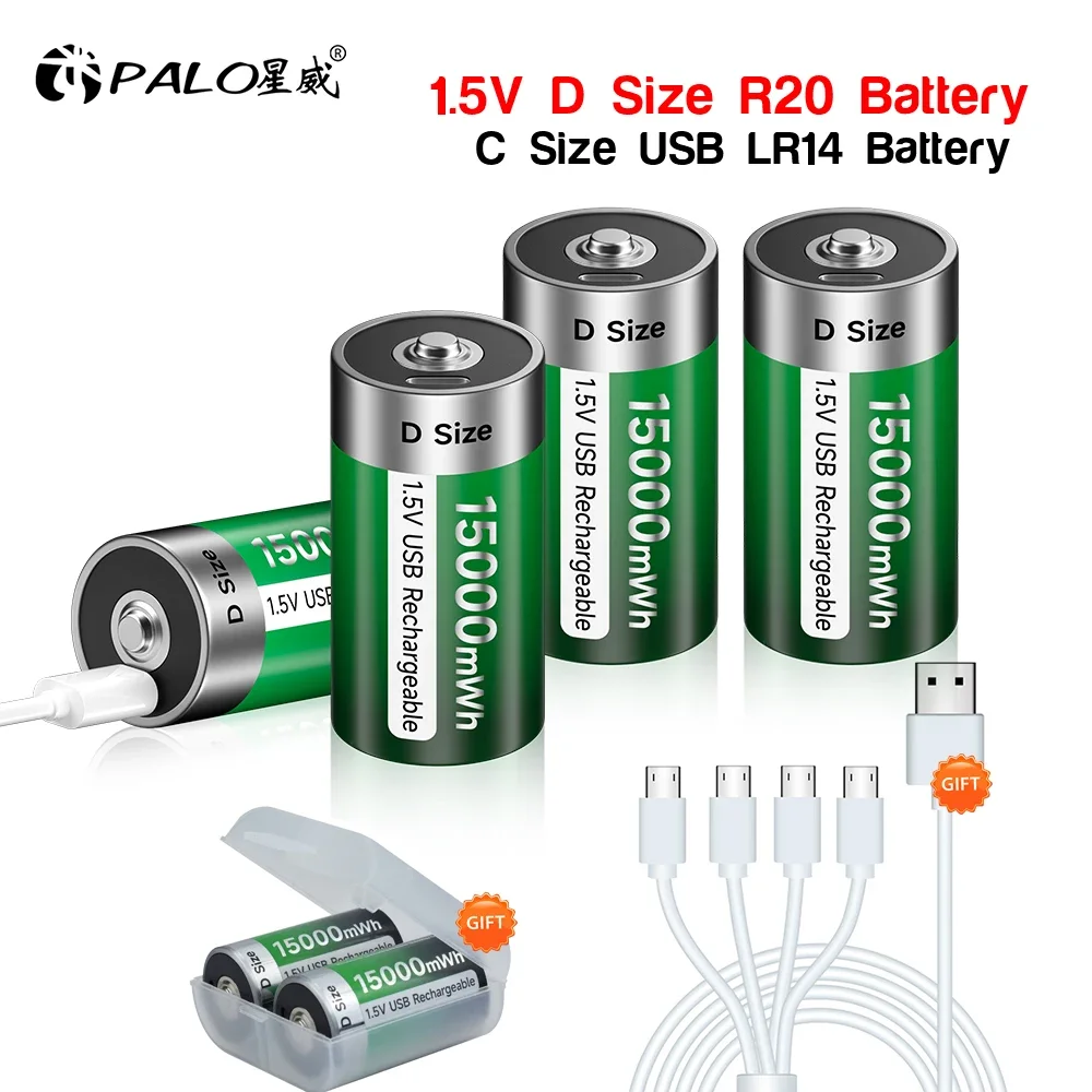 1.5V D Size Rechargeable Battery LR20 Li-ion Batteries C Size Rechargeable Battery Type C USB Charging R14 LR14 Lithium Battery