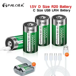 Oplaadbare batterij van 1,5 V D-formaat LR20 Li-ionbatterijen Oplaadbare batterij van C Type C Opladen via USB R14 LR14 lithiumbatterij