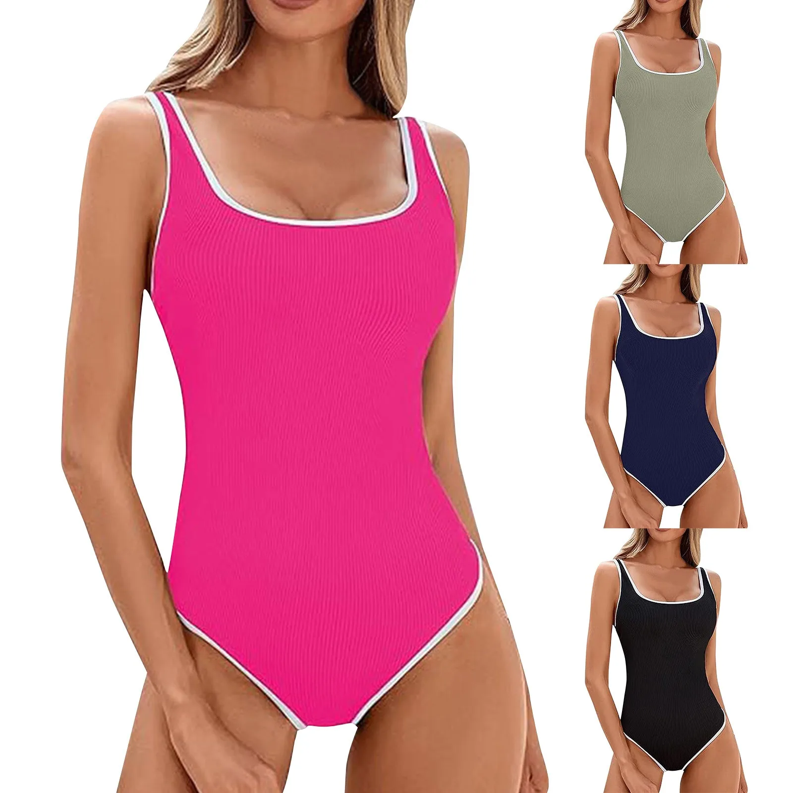 Female One-Piece Swimsuit Casual Fashion Solid Color Sexy Backless U-neck Beach Bikini Lace-Up Stripe Contrasting Color Swimwear