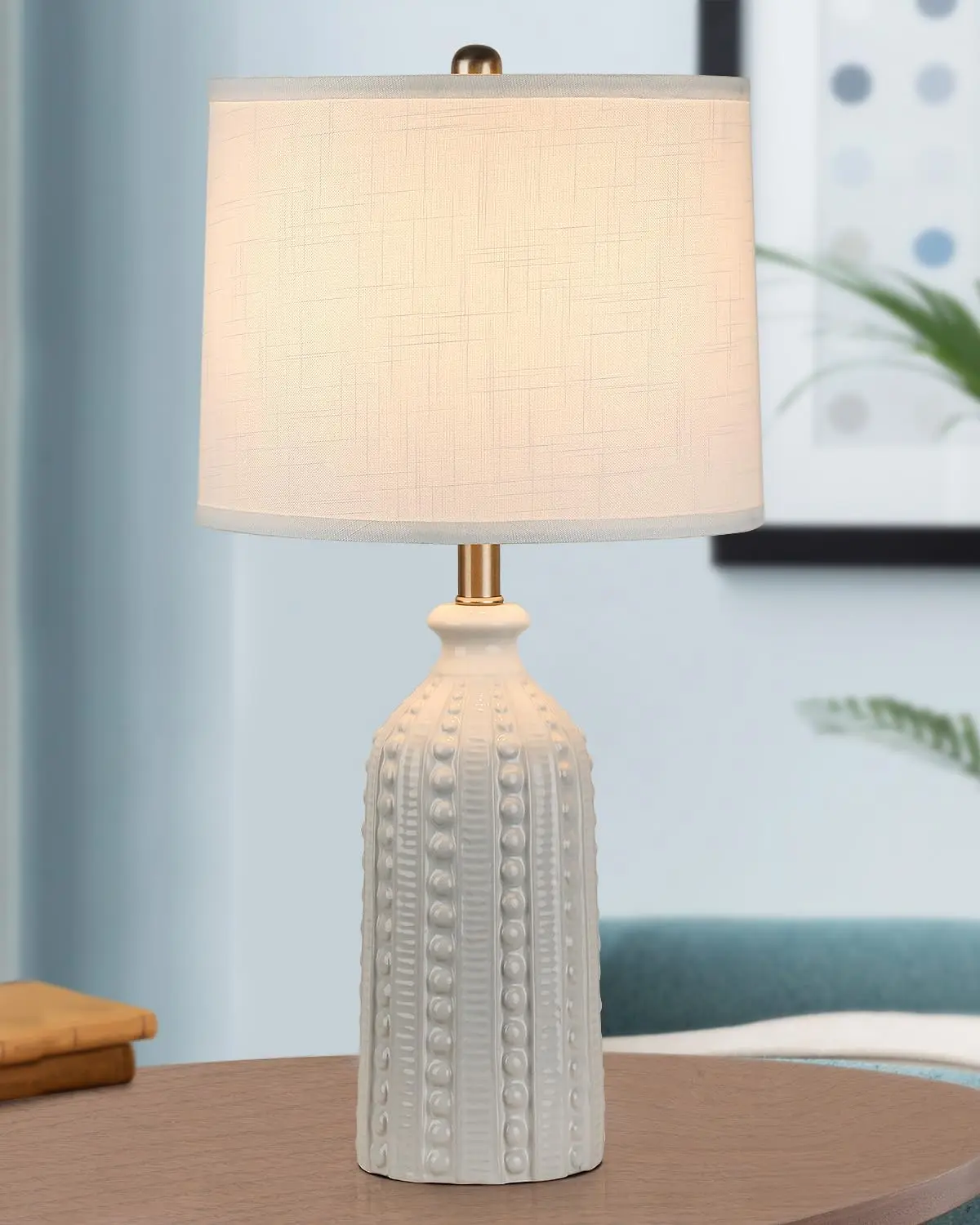 

White Ceramic Table Lamp 24.5": 3-Way Dimmable Bedside Lamp with White Drum Slub Shade, Modern Nightstand Lamp for Bedroom