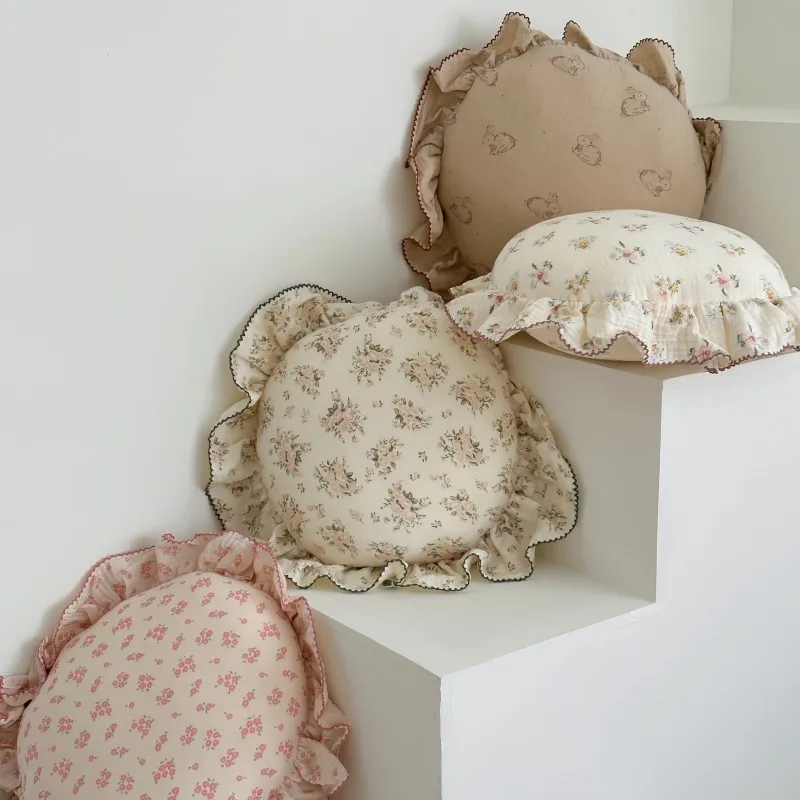 30cm Cottagecore Floral Round Throw Pillow Ruffle Edge Sweet Girlish Cushion Beige/ Blush Pink/Cream White Sofa Bedroom Decor