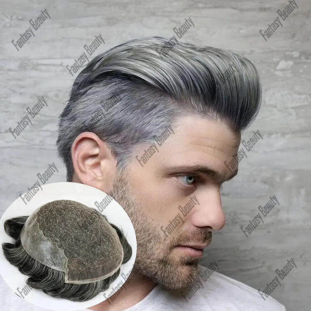 1B65 Grey Q6 Lace Toupee Men Human Hair Male Wig Swiss Lace Front Wig With Pu Men Hair Replacement System Unit Wig Natural Hair