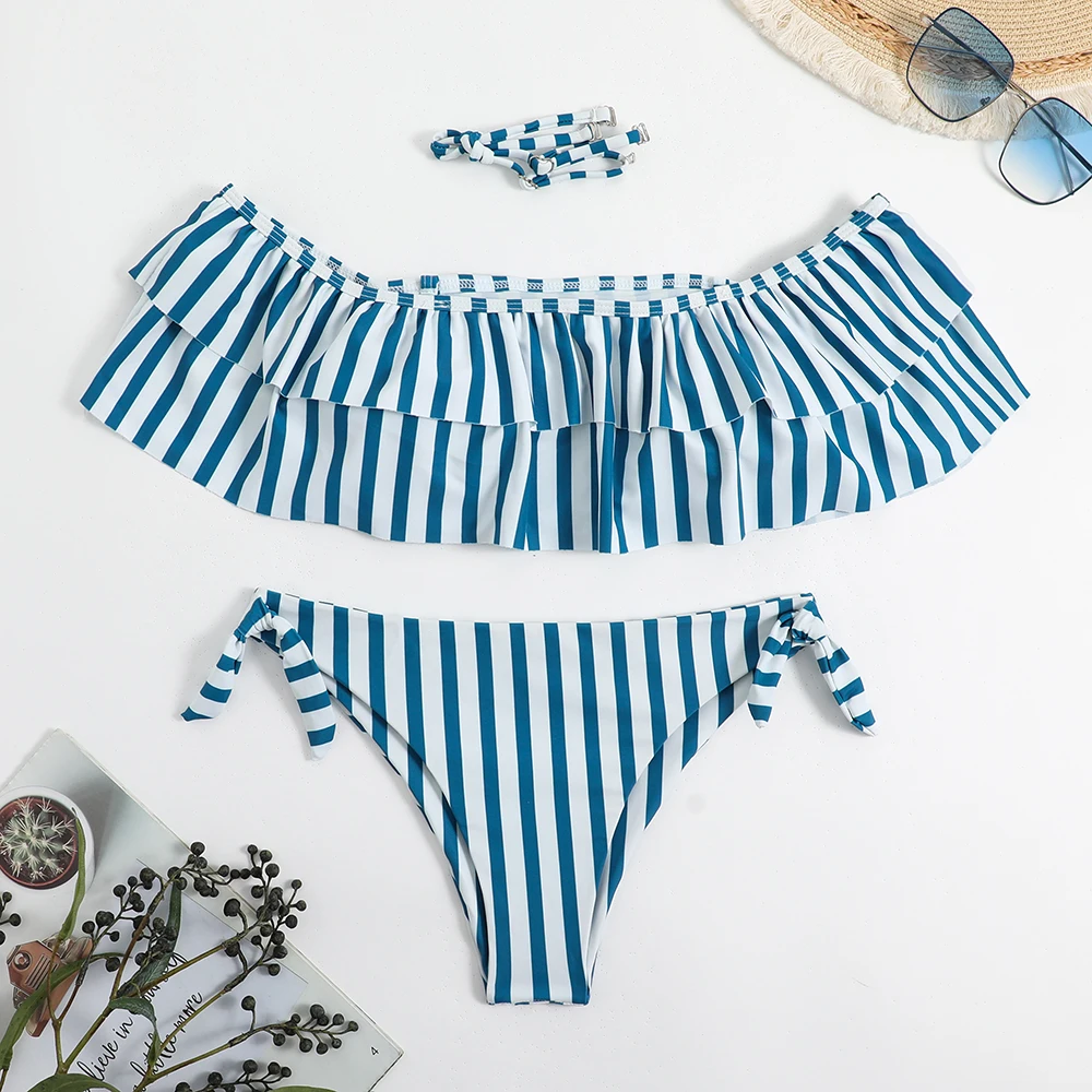 

2024 Striped Frill Two Piece Bikini Set String Women Swimwear Female Swimsuit Bathers Bathing Swimming Suit Beachwear Summer