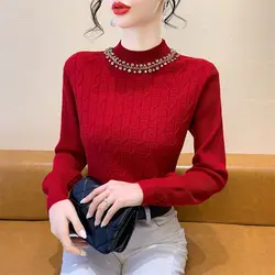 Autumn Winter Embroidered Flares Screw Thread Solid Color Pullover Long Sleeve Sweater Knitted Women's Casual Elegant Tops