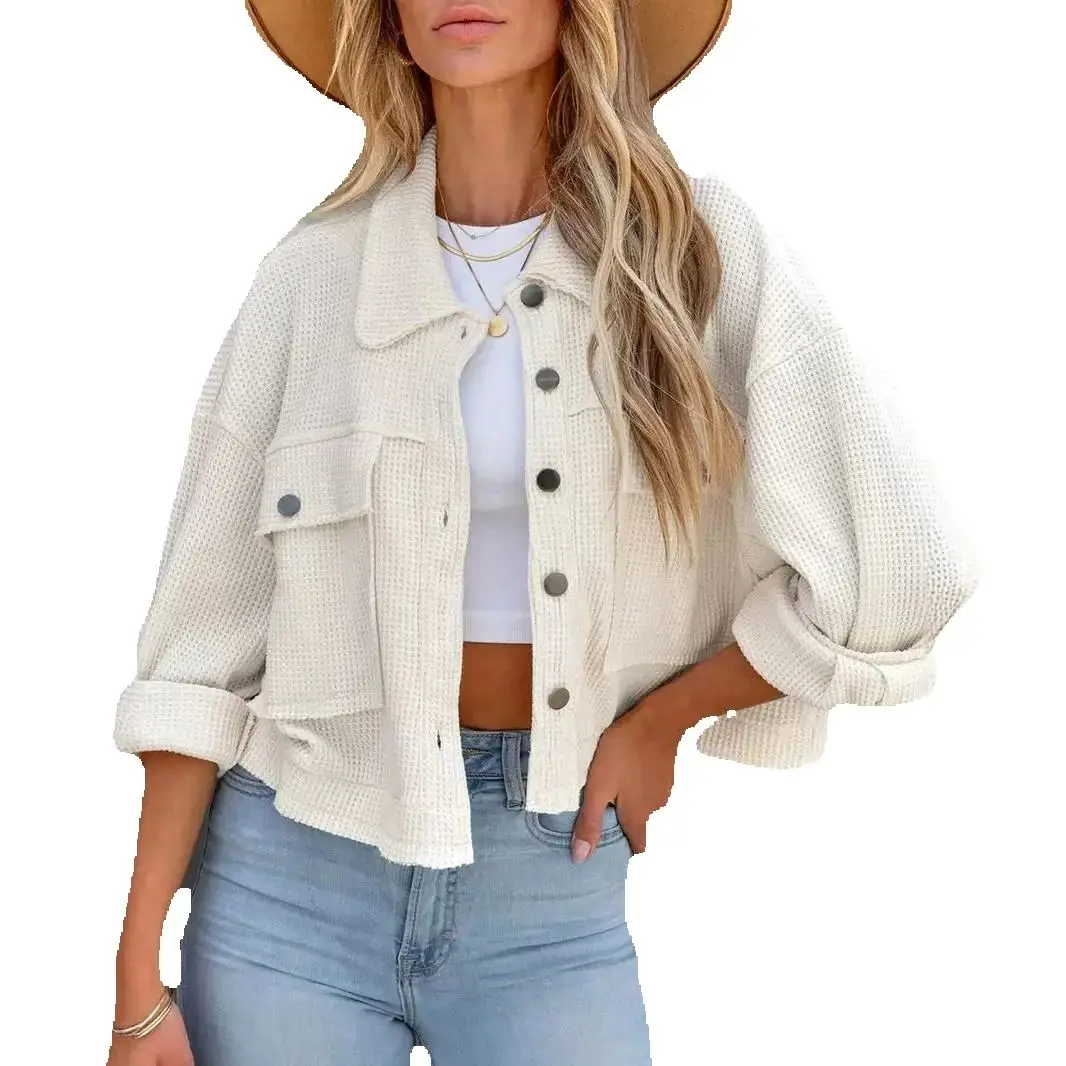 women's high-end waffle extra cardigan polo collar short top Temperament commuter coat solid color jacket for women