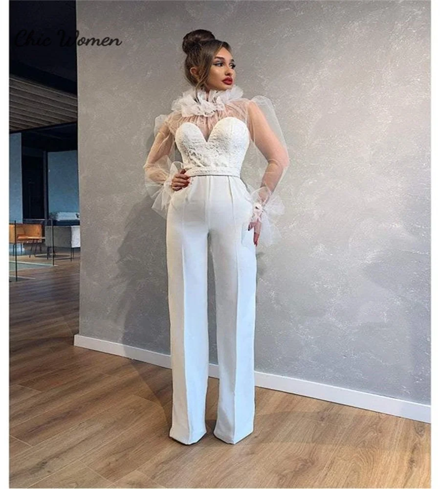 

Simple White Jumpsuit Prom Dress Illusion Long Sleeve Arabic Dubai Modern Evening Pantsuit Chi Women High Neck Party Formal