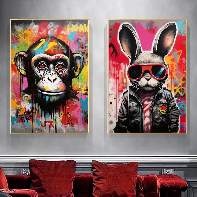 Graffiti Monkey with Headphones Astronaut Fox Rabbit Balloon Giraffe Poster Modern Canvas Painting Animal Wall Art Home Decor