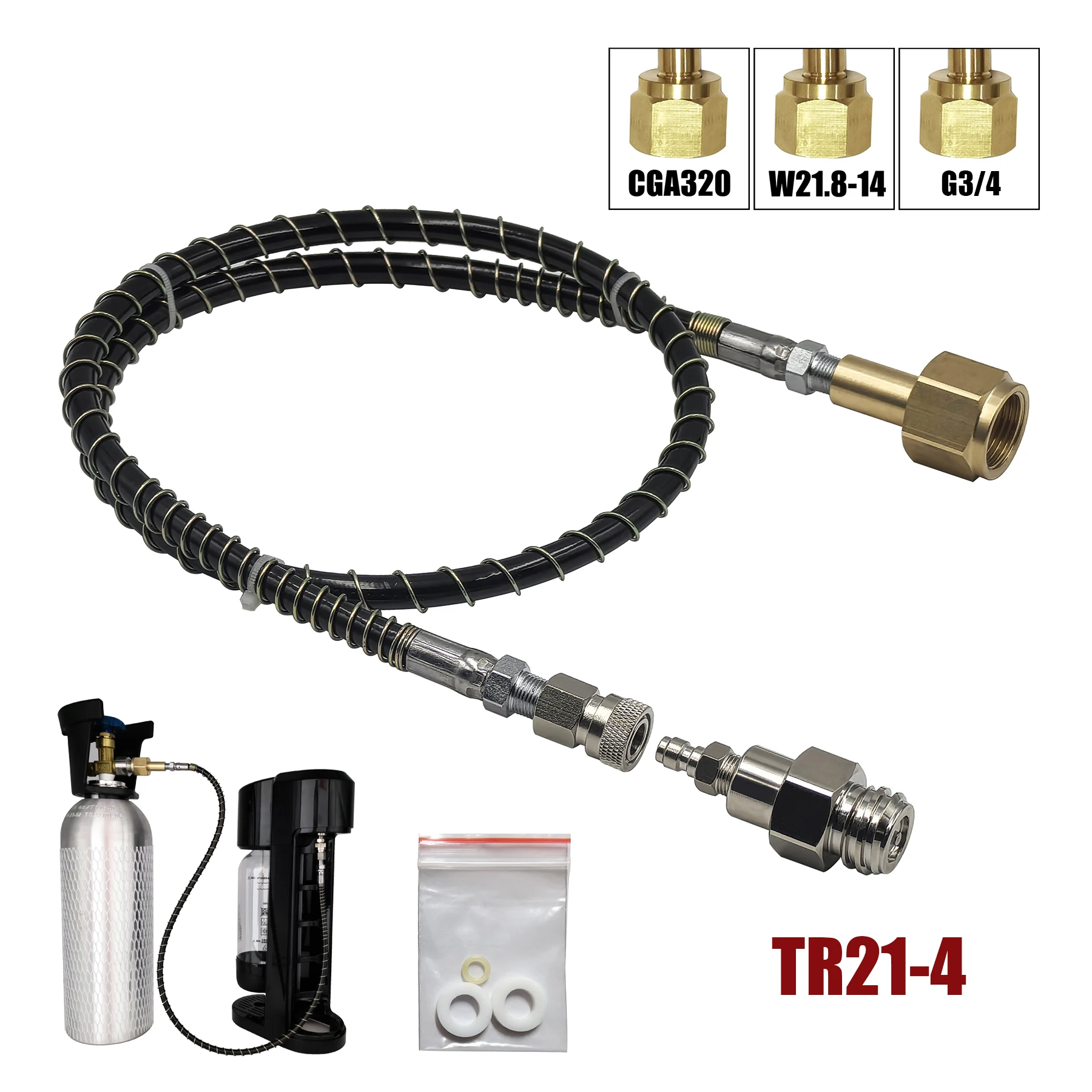 Accessoires de fabricant d'eau de soda Couvercle à ressort Tuyau CO2 précieux intervalles Adaptateur W21.8-14 G3/4 CGA320 avec connecteur à déconnexion rapide