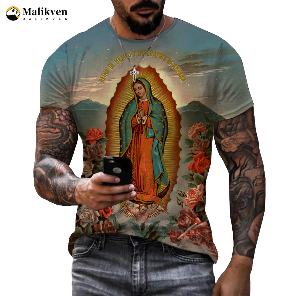 Our Lady Of Guadalupe Virgin Mary Religious Graphic 3D Printed T-shirt Hip Hop Fashion Casual Short Sleeve O-Neck Men's Clothing