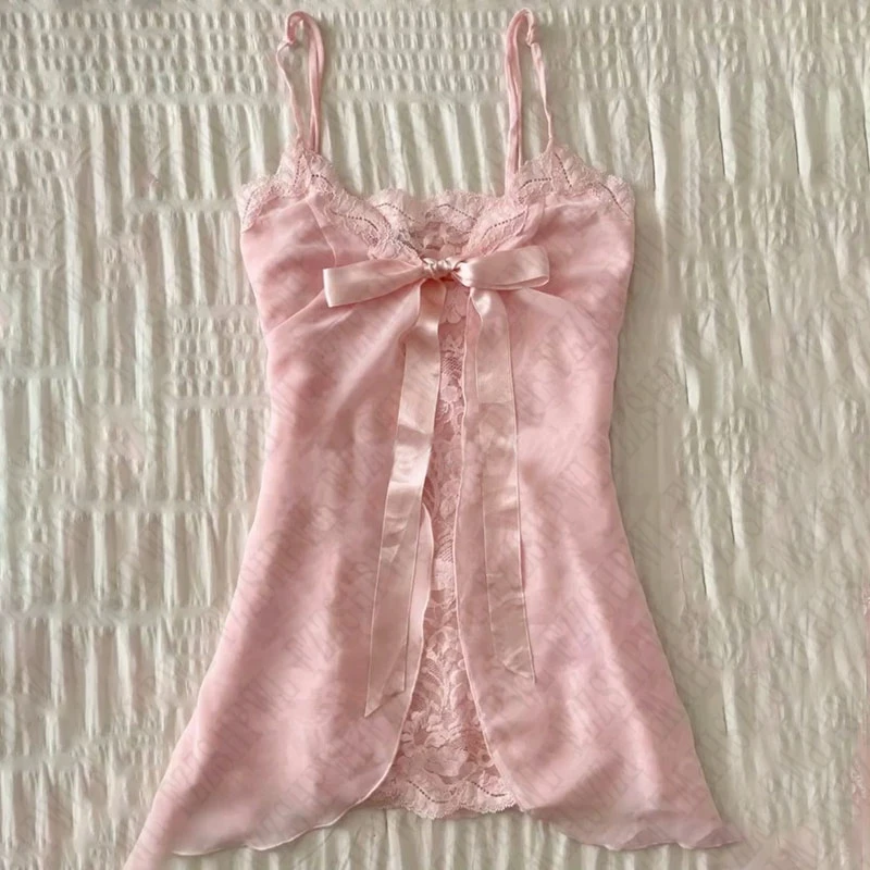 Y2k Summer New Solid Sling Tops Kawaii Lace Bow Inside A Sling Vest 90s Aesthetics Crop Top Women Pink Tank Top Fashion Punk Top