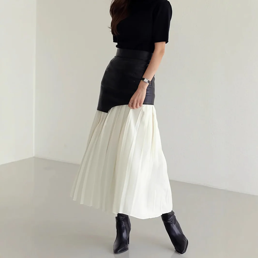 

Pleated Skirts Women Spliced Skirt Color Blocked Ankle Length Empire Waist Slight Stretch Loose Casual Office Lady 2025 Autumn
