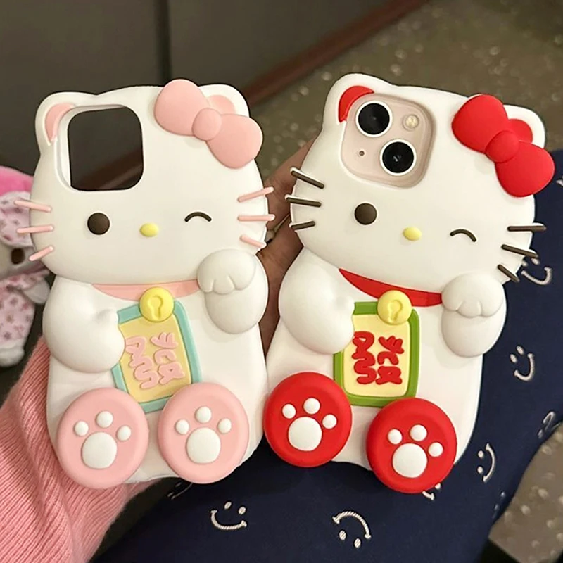 Korea Cute Lucky Cat Hellokittys Phone Case for Iphone 15 14 13 12 11 Pro Max Cute Cartoon Soft Protective Back Cover Funda