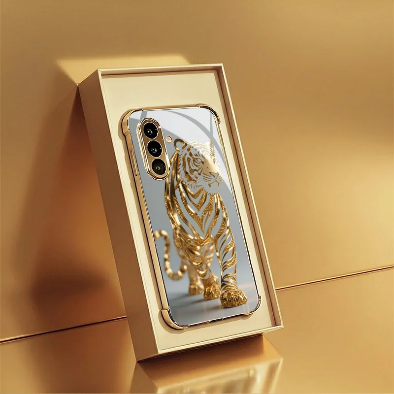 New gold-plated tiger-patterned design corner-repellent golden electroplated glass phone case for Samsung Galaxy S26/S26PLUS